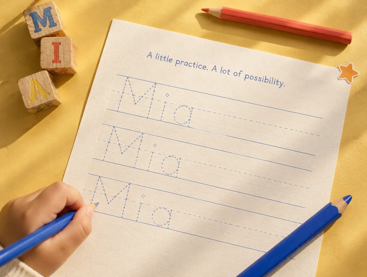 A sunlit handwriting practice sheet with Mia's name, colorful pencils, and wooden letter blocks